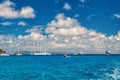 Sailboats, ship and boat sail in blue sea on cloudy sky in gustavia, st.barts. Sailing and yachting adventure. Summer