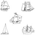 Sailboats. Sketch by hand. Pencil drawing by hand. Vector image. The image is thin lines