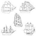 Sailboats. Sketch by hand. Pencil drawing by hand. Vector image. The image is thin lines