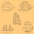 Sailboats. Sketch by hand. Pencil drawing by hand. Vector image. The image is thin lines. Vintage