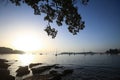 Sailboats at sunset anchored in Adriatic sea Royalty Free Stock Photo