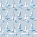 Sailboats on the waves. Seamless watercolor pattern for fabric. Royalty Free Stock Photo