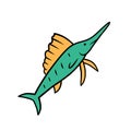 Sailfish green color icon. Swimming fish with sharp long nose. Undersea swordfish animal. Fishing. Aquatic creature
