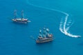 Sailing aka pirate ships around the fortress of Alanya