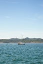 Sailing boat on Adriatic Sea with small villages and nature, Croatia landscape Royalty Free Stock Photo