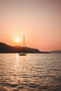 Sailing boat in Aegean sea sunset landscape travel yachting tour summer Royalty Free Stock Photo