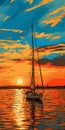 Sailing Boat At Sunset: Pop Art Style Painting With Woodcut-inspired Graphics