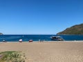 Sailing boat in beautiful bay at Apella beach, Karpathos island, Greece Royalty Free Stock Photo