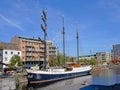 Sailing boat in a dock in the city of Antwerp Royalty Free Stock Photo