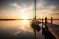 sailing boat docked at sunset with a tranquil, serene atmosphere