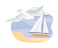 Sailing Boat Floating in Sea with Flying Seagull Vector Illustration Royalty Free Stock Photo