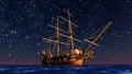 Sailing boat goes on a voyage under starlight .