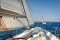 Sailing boat going fast on she's sails, view from the cockpit to bow. Royalty Free Stock Photo