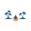 sailing boat in the horizon of sun and ocean between two coconut tree island summer theme vector logo design Royalty Free Stock Photo