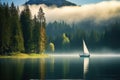 Sailing boat on the lake in the morning fog. Beautiful landscape, a serene lake with trees and plants in spring colors, mountains Royalty Free Stock Photo