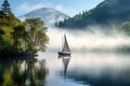 Sailing boat on the lake in the morning mist. Beautiful landscape. a serene lake with trees and plants in spring colors, mountains