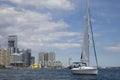 Sailing boat in Lake Ontario with Toronto cityscape background Royalty Free Stock Photo