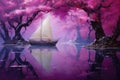 Sailing boat in the lake with pink flowers. Digital painting. a yacht with cherry tree sails in a deep purple pond surrealist post Royalty Free Stock Photo