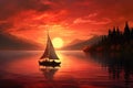 Sailing boat on the lake at sunset. 3D illustration, A couple sailing on a peaceful lake as the sun sets Royalty Free Stock Photo