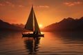 Sailing boat in the lake at sunset. 3D render, A couple sailing on a peaceful lake as the sun sets Royalty Free Stock Photo