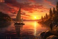 Sailing boat on the lake at sunset. 3d render, A couple sailing on a peaceful lake as the sun sets, AI Generated Royalty Free Stock Photo