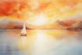 Sailing boat on the lake at sunset. Vintage painting effect. Printable artwork. Generative AI