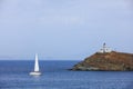 Sailing boat and lighthouse - Greece, Kea island Royalty Free Stock Photo