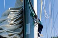 Sailing boat mast with mainsail and spinnaker