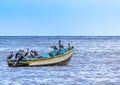 Sailing boat moored in the water with a flock of pelicans on it