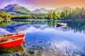 Sailing boat. Mountain landscape. Mountain lake. Outdoor recreation. Strbske pleso, Slovakia