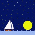 Sailing boat in the night, huge moon Royalty Free Stock Photo