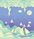 Sailing boat and ocean with cloud and raining