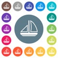 Sailing boat outline flat white icons on round color backgrounds