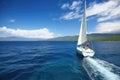 sailing boat, with person at the helm, sailing on azure sea Royalty Free Stock Photo