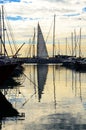 Sailing boat in the port in the sunset sun light