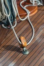 Closeup of pulley and rope on old sailing ship Royalty Free Stock Photo