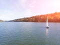 Sailing boat on the river at sunset, yacht Royalty Free Stock Photo