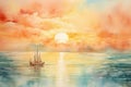 Sailing boat on the sea at sunset. Digital watercolor painting. Printable wall art. Generative AI