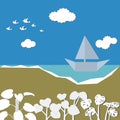 Sailing boat on the sea and white pigeons birds flying on blue sky. Royalty Free Stock Photo