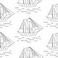 Sailing boat seamless outline vector pattern in doodle style.