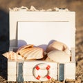 Sailing boat and seashell sand decoration closeup Royalty Free Stock Photo