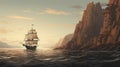 Romantic Seamount: Digital Painting Of Ship And Mountain