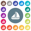 Sailing boat solid flat white icons on round color backgrounds