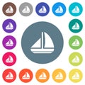 Sailing boat solid flat white icons on round color backgrounds Royalty Free Stock Photo