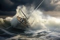 Sailing boat in stormy sea. 3D render illustration, sail boat on rough water, AI Generated