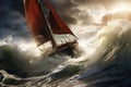 Sailing boat in stormy sea. 3D Rendering, sail boat on rough water, AI Generated Royalty Free Stock Photo
