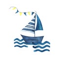 The sailing boat is striped with a garland of blue and yellow flags, floating along the waves. Watercolor Royalty Free Stock Photo