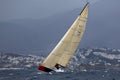 A sailing boat sailing in strong wind and on the rough sea racing in Bodrum, Turkey Royalty Free Stock Photo