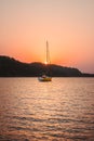 Sailing boat sunset landscape Aegean sea travel in Turkey yachting transport Royalty Free Stock Photo