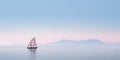 A sailing boat at sunset sails on the blue sea against a blue sky.